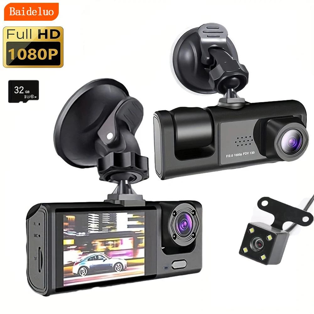 Dash Cam with IR Night Vision Loop Recording and 2" IPS Screen, 1080P, 3 Cameras, DVR Recorder, Video Recorder, Vehicle DVR 